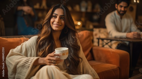 A dusky Indian woman with long, flowing hair holding a ceramic cup and drinking from that cup. Color tones are warm tones. bright kashmiri living room setting with a modern wooden home style photo