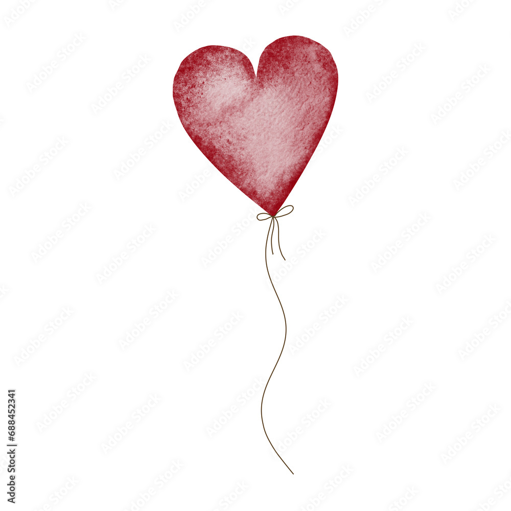 Watercolor red heart-shaped balloon on a ribbon. Cute design for Valentine's Day cards and invitations.