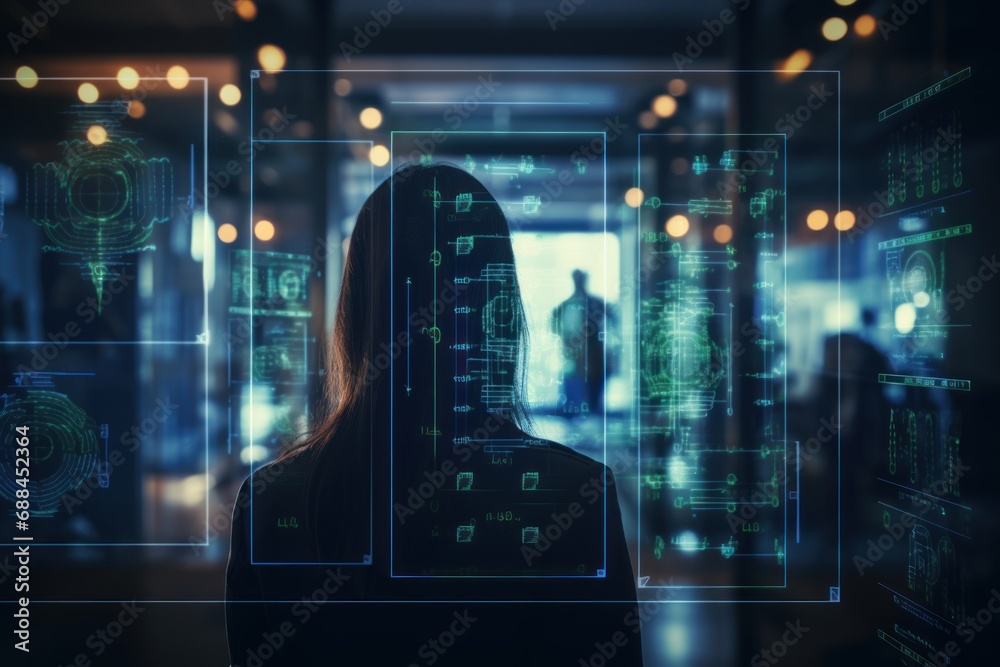 Photograph of Biometric security identify, face recognition online access business data. Cyber security technology prevent unauthorized access and protect business significant data - obrazy, fototapety, plakaty 