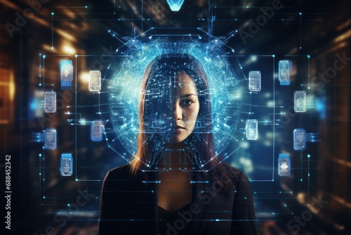 Photograph of Biometric security identify, face recognition online access business data. Cyber security technology prevent unauthorized access and protect business significant data