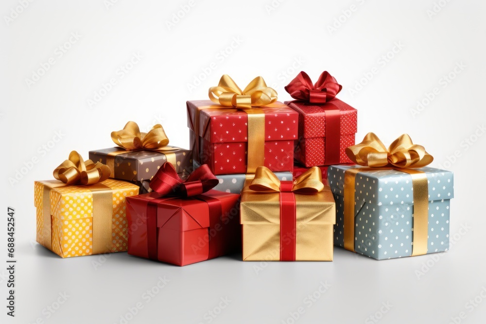 Fototapeta premium Photograph of Collection of colorful gifts with ribbon bows in different colors to choose from including red, gold and silver