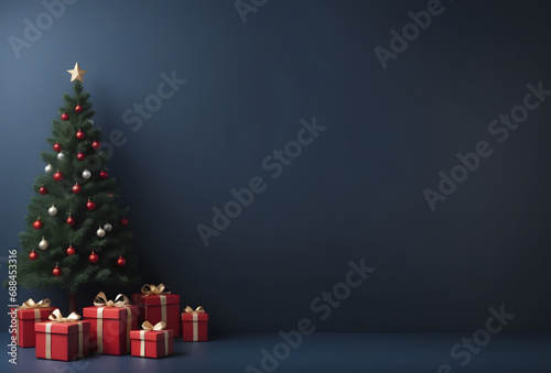 Christmass background for Hollidays. Birthday Christmas theme, Christmas tree on a dark blue background with colorful gifts  photo