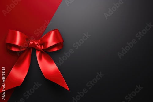 Red ribbon bow on luxurious black background with space for text. Festive background design.