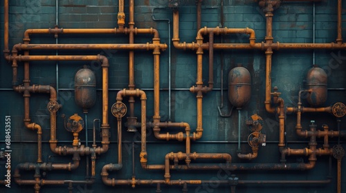 A bunch of pipes and valves on a wall. Generative AI. photo