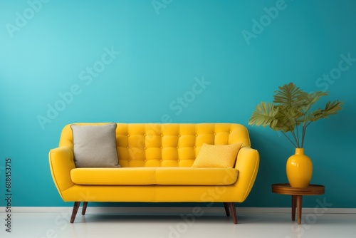 Colorful and trendy living room design using yellow and blue accents, sofa, table, chairs, bolsters.