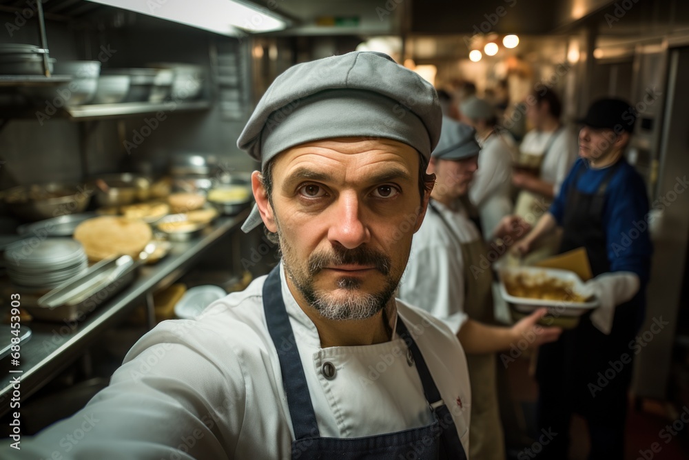 Selfie of a chef in a crowded restaurant kitchen. Take a selfie. Take realistic photos with an emphasis on facial expressions Selfie of a chef in a crowded restaurant kitchen. Take a selfie. Take realistic photos with an emphasis on facial expressions