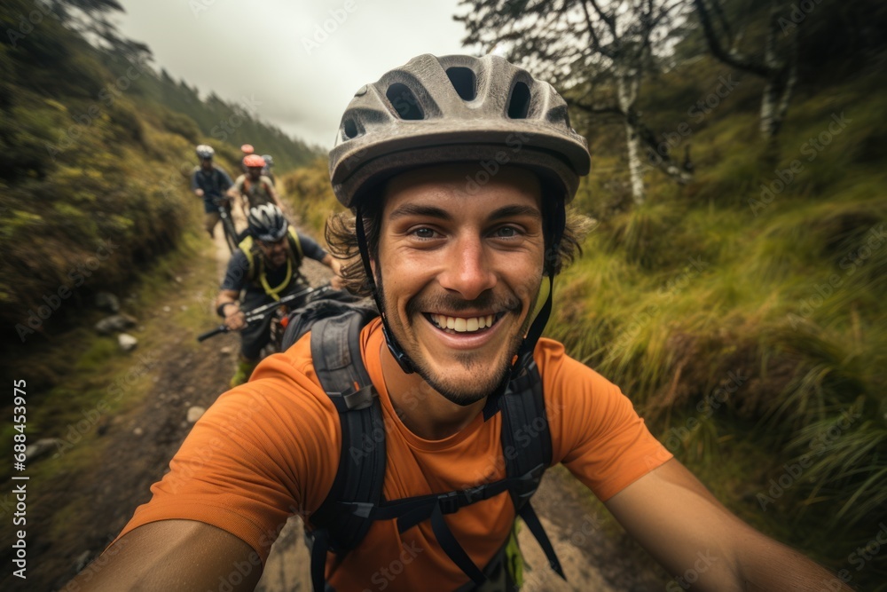 A selfie of a cyclist on a mountain trail taking a selfie, a realistic snapshot, emphasizing facial expressions. A selfie of a cyclist on a mountain trail taking a selfie, a realistic snapshot, emphasizing facial expressions.