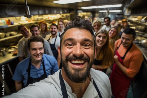 Selfie of a chef in a crowded restaurant kitchen. Take a selfie. Take realistic photos with an emphasis on facial expressions
