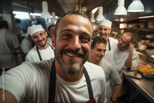 Selfie of a chef in a crowded restaurant kitchen. Take a selfie. Take realistic photos with an emphasis on facial expressions © Attasit