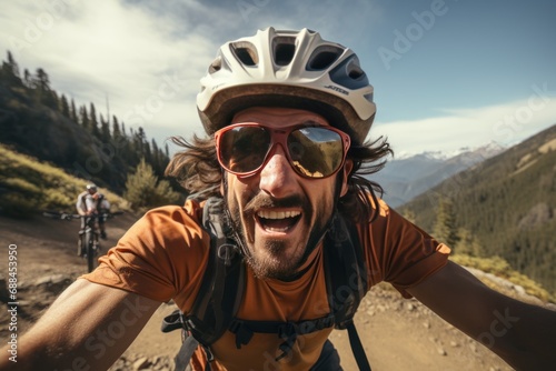 A selfie of a cyclist on a mountain trail taking a selfie, a realistic snapshot, emphasizing facial expressions. © Attasit