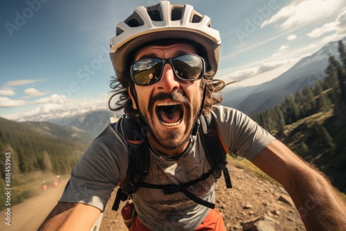 A selfie of a cyclist on a mountain trail taking a selfie, a realistic snapshot, emphasizing facial expressions. © Attasit