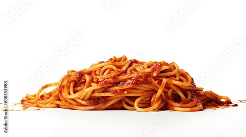 Spaghetti in left side view on white background