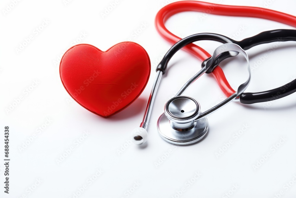 Stethoscope and red heart on white background symbolizing healthcare and cardiology. Stethoscope and red heart on white background symbolizing healthcare and cardiology.