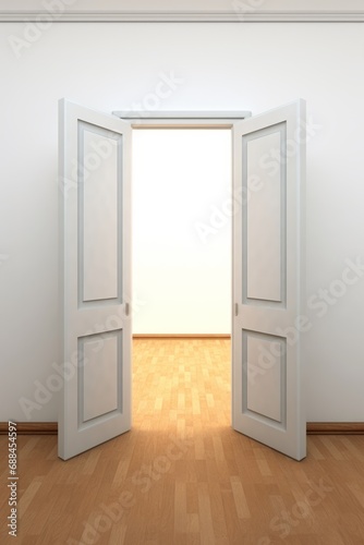 Open door in room on white ground, in the style of flickering light