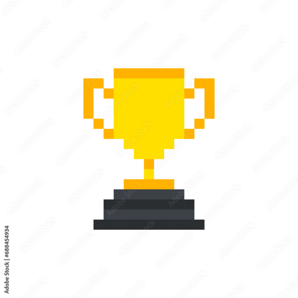 8 bit winner cups. gold, cup. Vector illustration. cartoon drawing. White background. Isolated object. Pixel golden trophy, the winner trophy cup pixel art. 8 bit pixel sports cup.