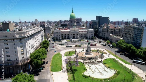 Beautiful aerial footage of the Argentina flag waving, the Palace of the Argentine National Congress, in the city of Buenos Aires, Argentina  photo