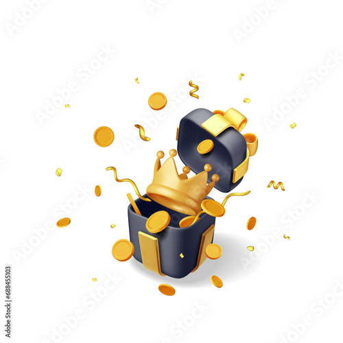 3D Gift Box with Golden Crown and Confetti Isolated. Render Gold Confetti Around Crown in Gift Box. Symbol for VIP, Rich, Winner Luxury Premium Success. Rating or Status. Realistic Vector Illustration