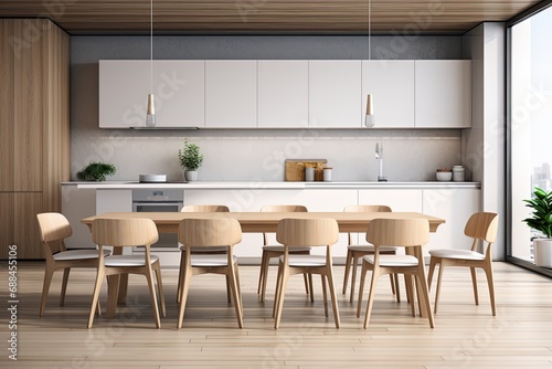 Modern kitchen interior with wooden floor, white cabinets, sink, table and chairs. Created with Ai