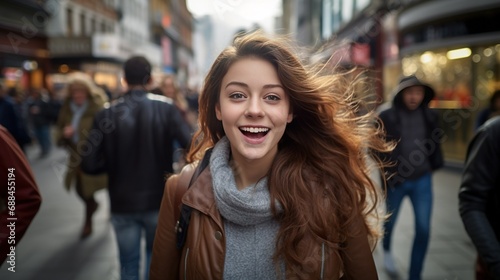 A hyper-realistic smiling girl, standing on a bustling city street, surrounded by a dynamic urban environment with people in motion, capturing the lively energy of the city
