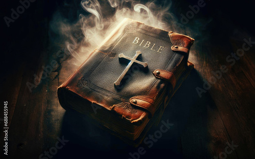 Holy Bible and Cross on Desk. Symbol of Humility, Supplication, Believe and Faith for Christian People. Spirituality, Religion and Hope Concept photo