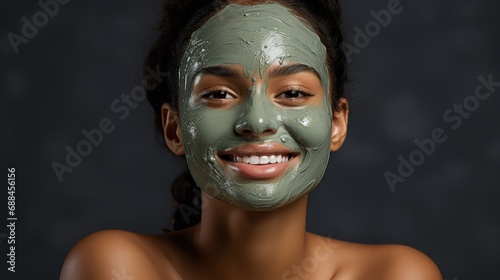 Young african woman smiling with green facial mask