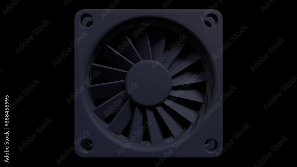 Computer fan cooler animation. Black cooling fan. 3D computer case fan. Transparent background with alpha channel