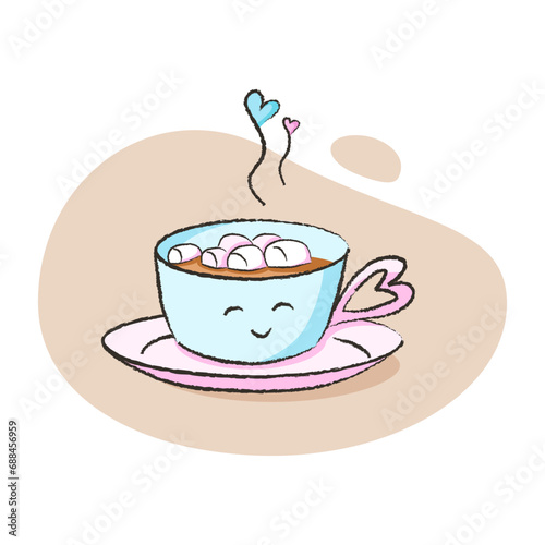 Cute character of cup with cocoa, marshmallow and hearts for Valentine's day and more. Best for postcard, stickers and more designs