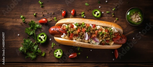 Top view of a Danish hot dog with jalapenio and Mexican hot dog in lavash on a wooden table. photo