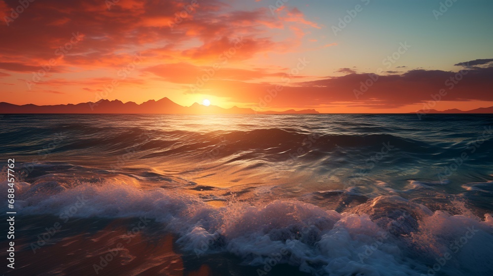 Beautiful sunset over the sea. Dramatic sky. 3d render