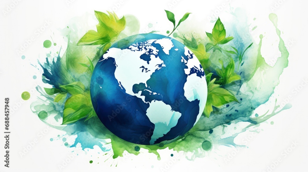 Watercolor Earth with Green Leaves. Celebrating World Earth Day and World Environment Day.