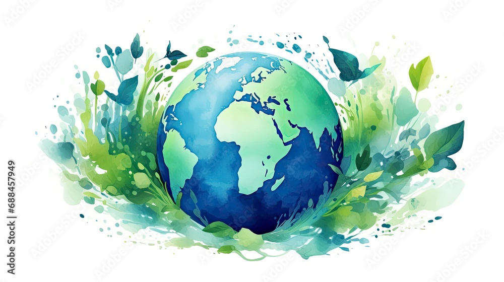 Watercolor Earth with Green Leaves. Celebrating World Earth Day and World Environment Day.