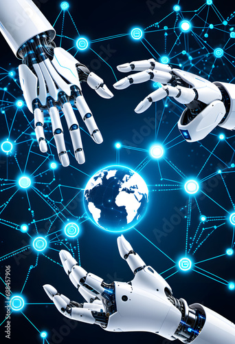 Robotic hands in a cyberspace taking over the cybernet or helping humans with simpel task 