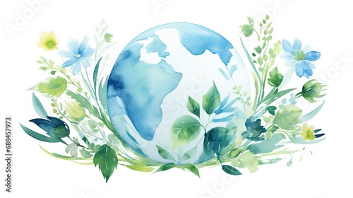 Watercolor Flower Globe Drawing of the Earth with Leaves. Celebrating World Earth Day and Environmental Protection.
