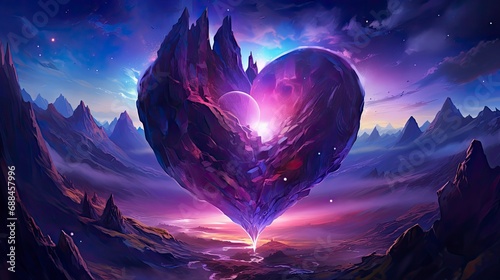  The Starry Sky Surrealistic Futuristic Landscapes with a Heart-Shaped Galaxy for Happy Valentine's Day photo