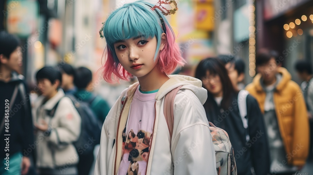 Woman with Vibrant Hair Walking Down a Colorful Street