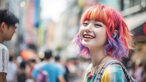 A Woman with Colorful Hair and a Joyful Expression