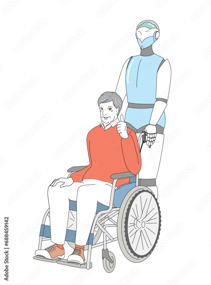 近未来介護ロボットと車いすに乗る高齢者