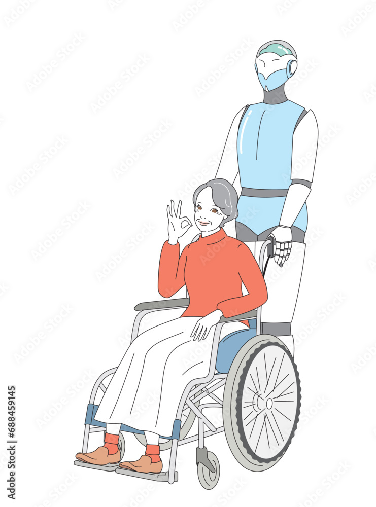 近未来介護ロボットと車いすに乗る高齢者