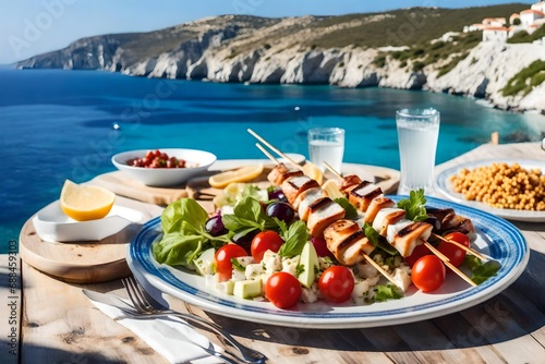 Greek cuisine idea served with a farmers salad and in summertime beside a glistening blue sea