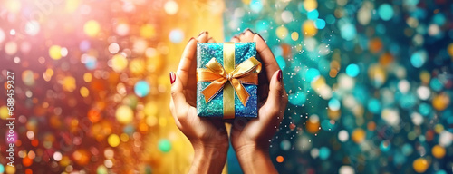 Hands holding a teal glittering gift box with a gold bow, against a festive bokeh backdrop.