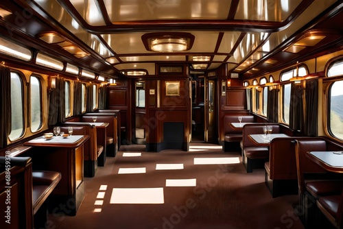 Interior of a train, dining car, wood, luxury, 19th century photo