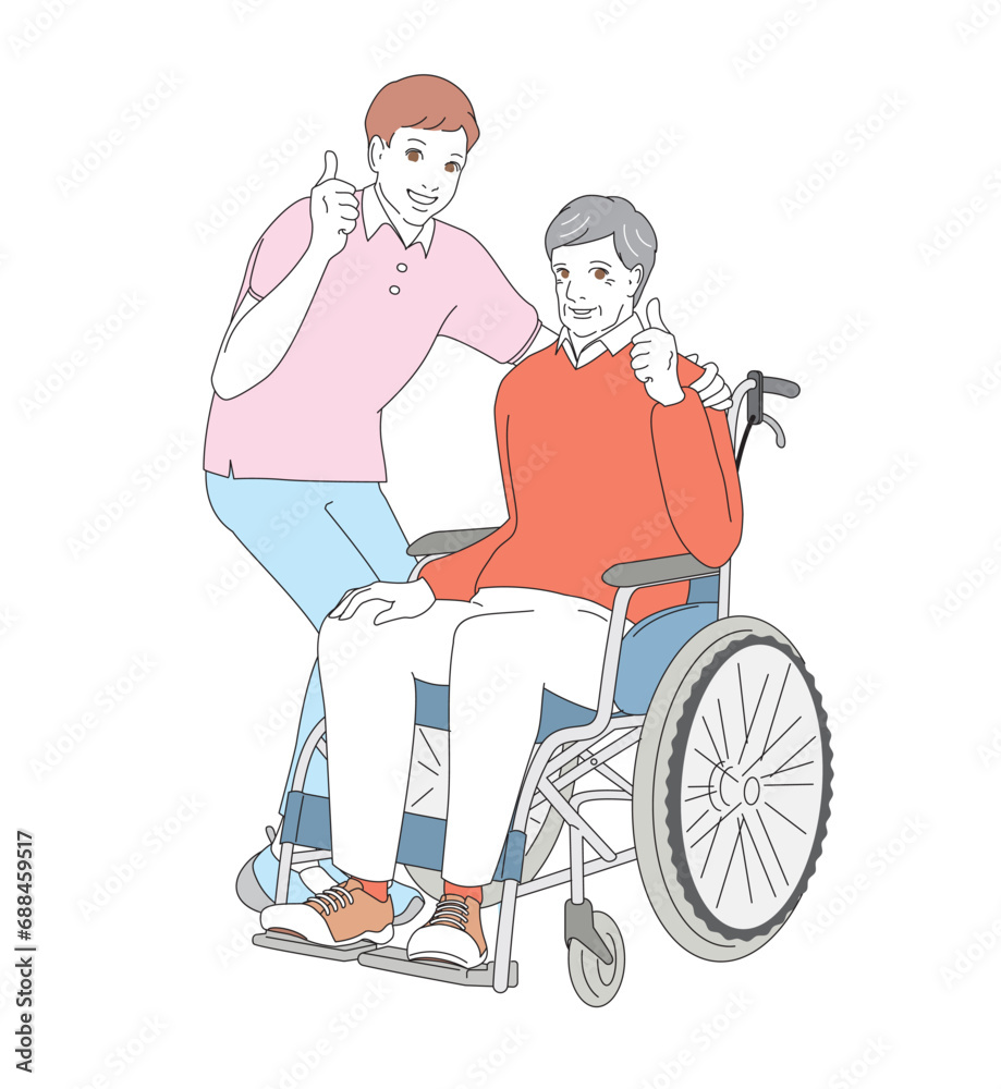 介護士に車椅子を押してもらうシニア男性 介護士に車椅子を押してもらうシニア男性