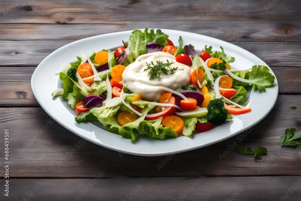 Salad food with sliced vegetables and mayonnaise in a square plate on a gray wooden table