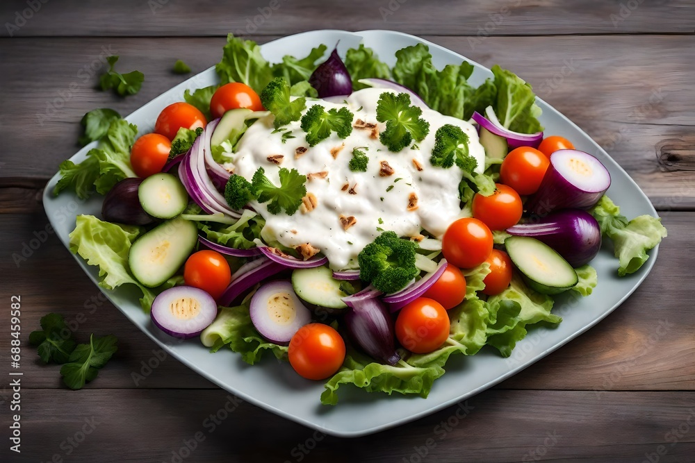 Salad on a gray wooden table with sliced vegetables and mayonnaise in a square plate