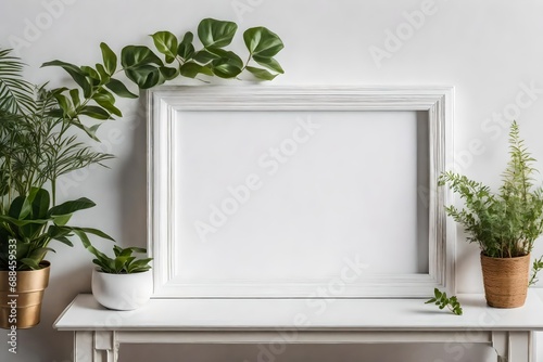 Plant-filled white mantle with an empty frame as part of a mock-up for an art show
