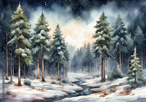 Watercolor illustration of winter pine forest with dark sky background photo