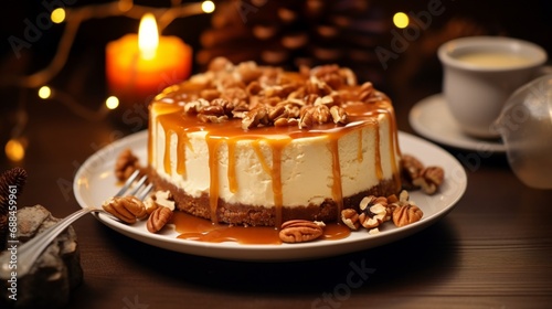 Tasty cheesecake with caramel and a candle and nuts served on table  closeup
