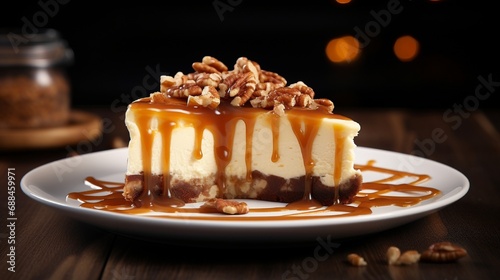 Tasty cheesecake with caramel and nuts served on table, closeup