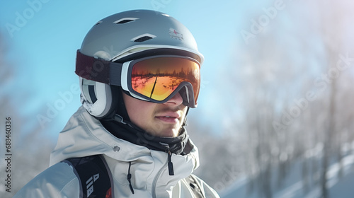 Man in ski goggles. Close-up of a young man in a mask a sunny day © Thanapipat