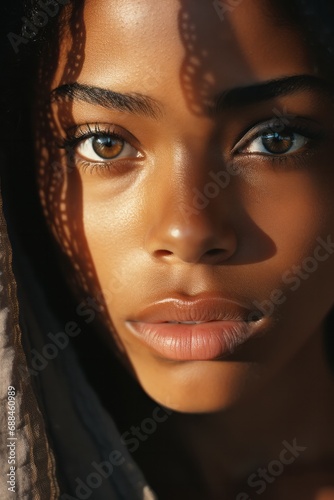 Sharp Focus on eyes, documentary photography, African woman, all-natural, in the style of candid, no makeup, natural lighting